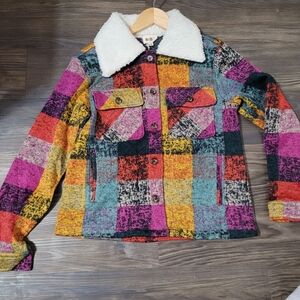 Bibi Womens Colorful Plaid Shacket Jacket S Faux Fur Collar Patchwork Boho New
